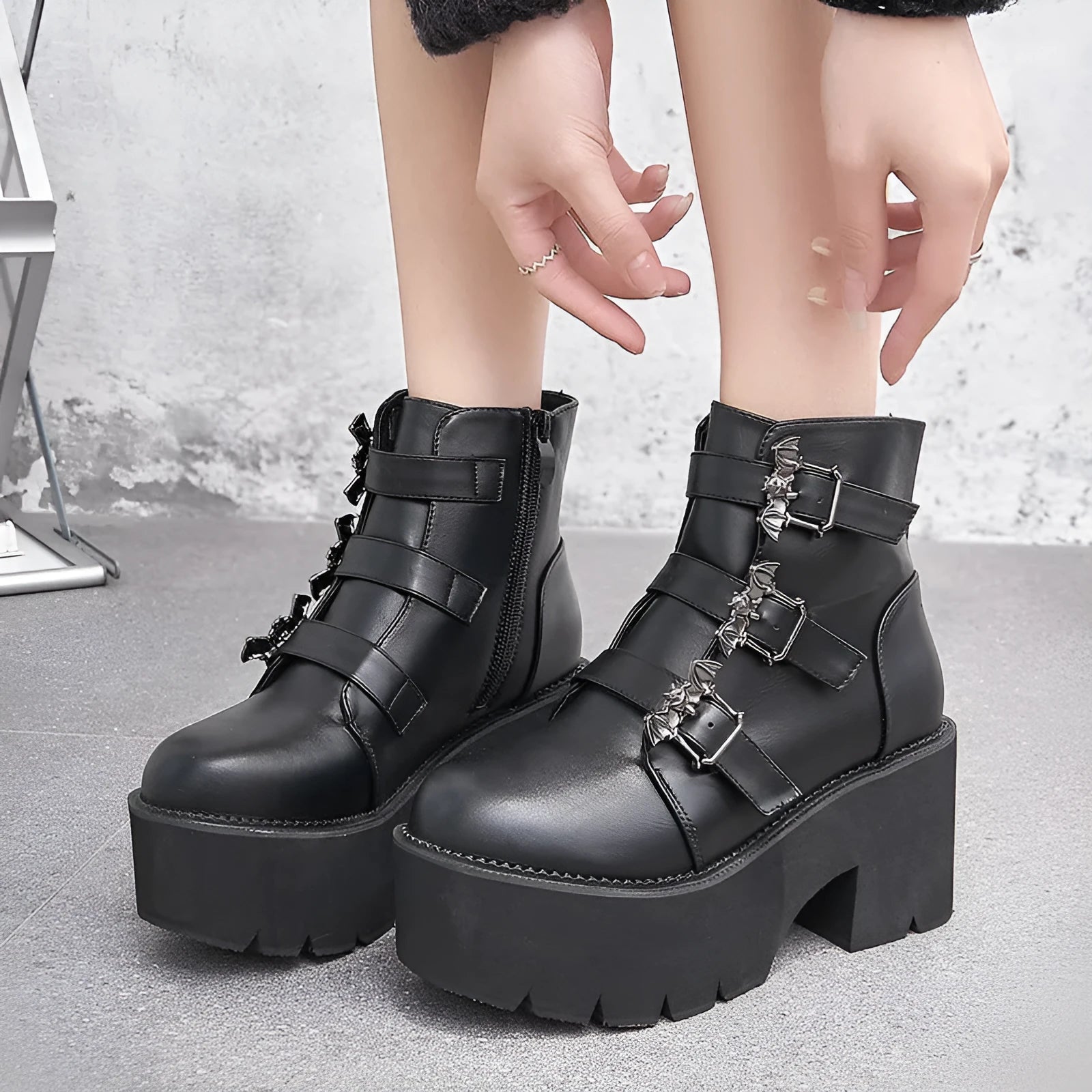 Black Harajuku punk Martin boots with bat buckle gothic detailing and side zipper