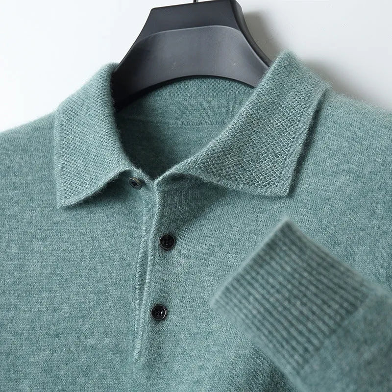 Men's wool pullover sweater with a polo collar in noble blue colour.