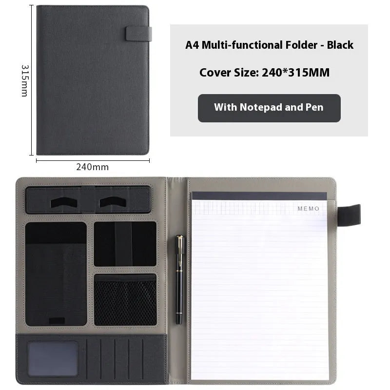 Leather A4 business multifunction folder with notepad and pen holder in black colour