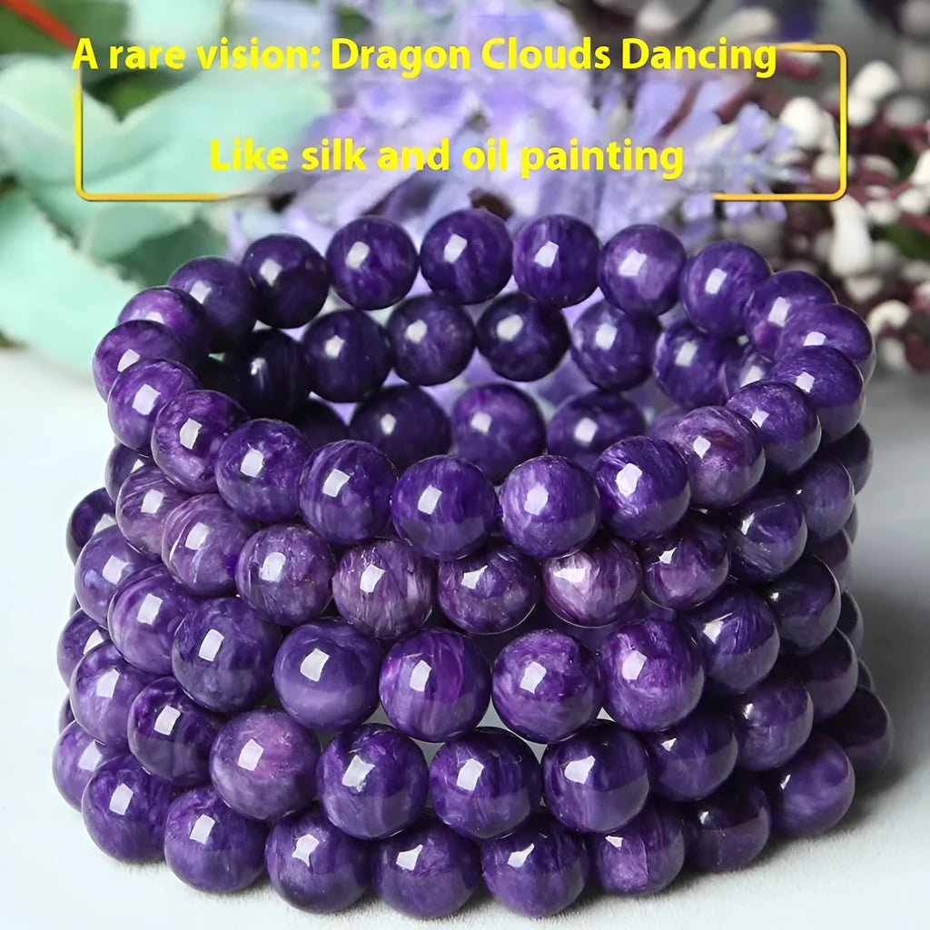 Natural crystal transparent charoite platinum beaded bracelet showing four bead size options