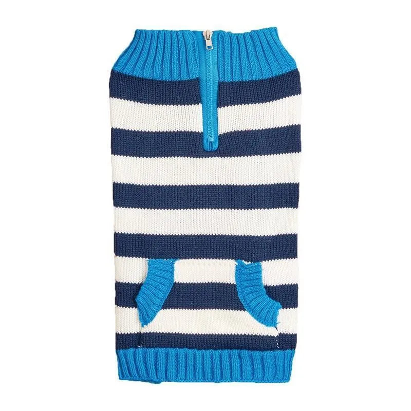 Grey dog sweater with horizontal zipper and button-accented pockets for small medium breeds