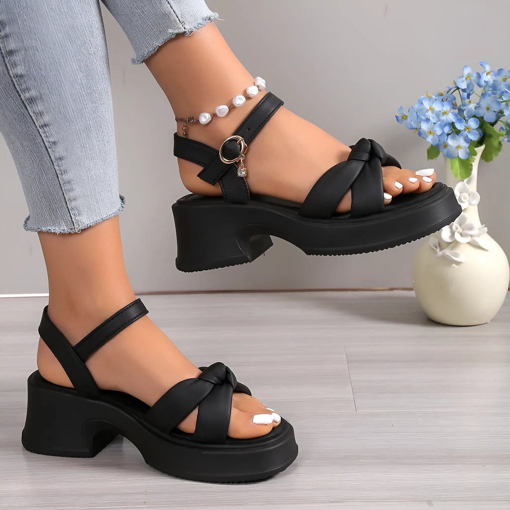 Black women's thick-heel slippers with skirted romantic style design and round toe