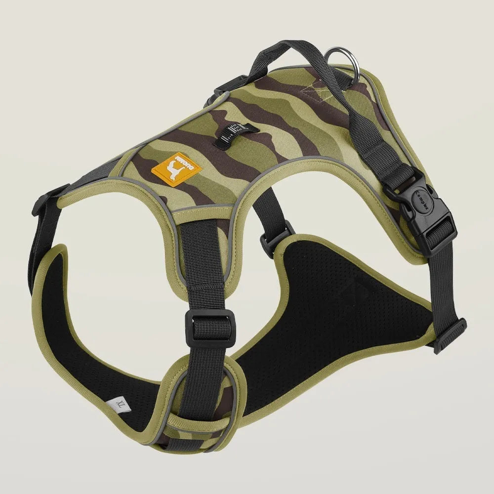 Orange Oxford cloth dog harness with reflective hand-holding rope on a dog's chest and back.