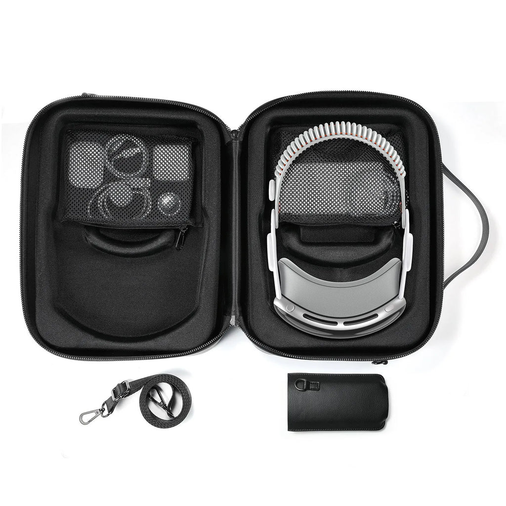 Black superfiber storage box for Apple Vision Pro mixed reality headset with dimensions 32.5 x 24.5 x 11.5 cm