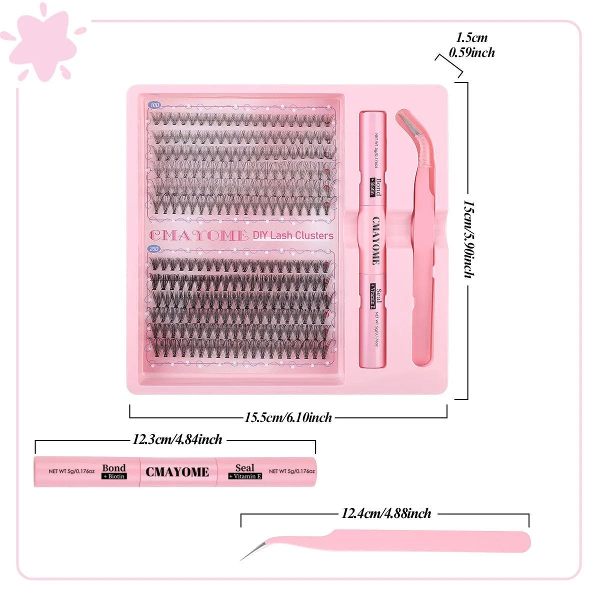 DIY single cluster false eyelashes set with four style options on a clear tray