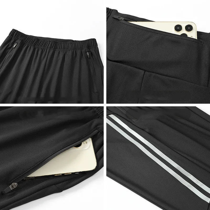 Men's black polyester running pants with mid waist design for exercise and sports