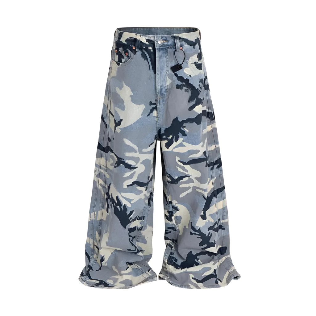 Snow camouflage blue loose-fit jeans showing mid-waist design and micro-elastic cotton denim fabric