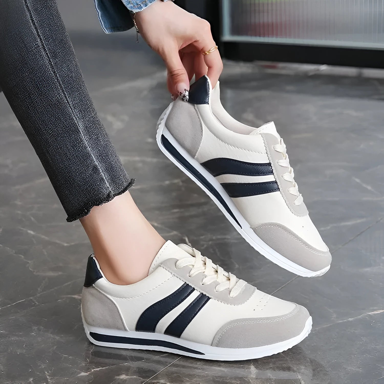 Red and blue lace-up leisure sneakers with soft rubber soles and PU mesh uppers