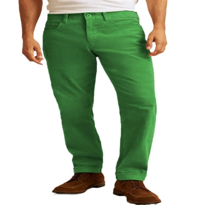 Men's corduroy straight leg trousers in army green showing mid waist and zip fly detail