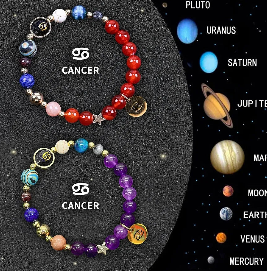 Twelve individual zodiac sign bracelets with natural stone beads and constellation charms on adjustable cords