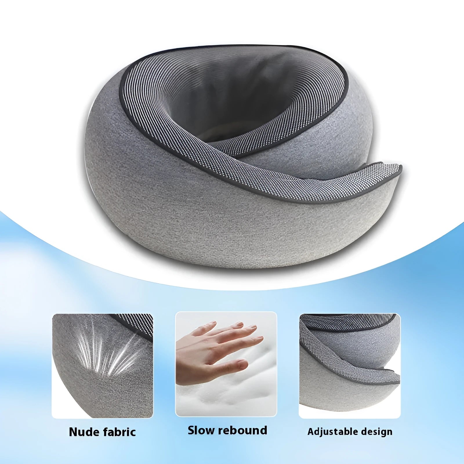 Black U-shaped memory foam travel neck pillow with storage bag, shown next to dark blue and grey colour options.