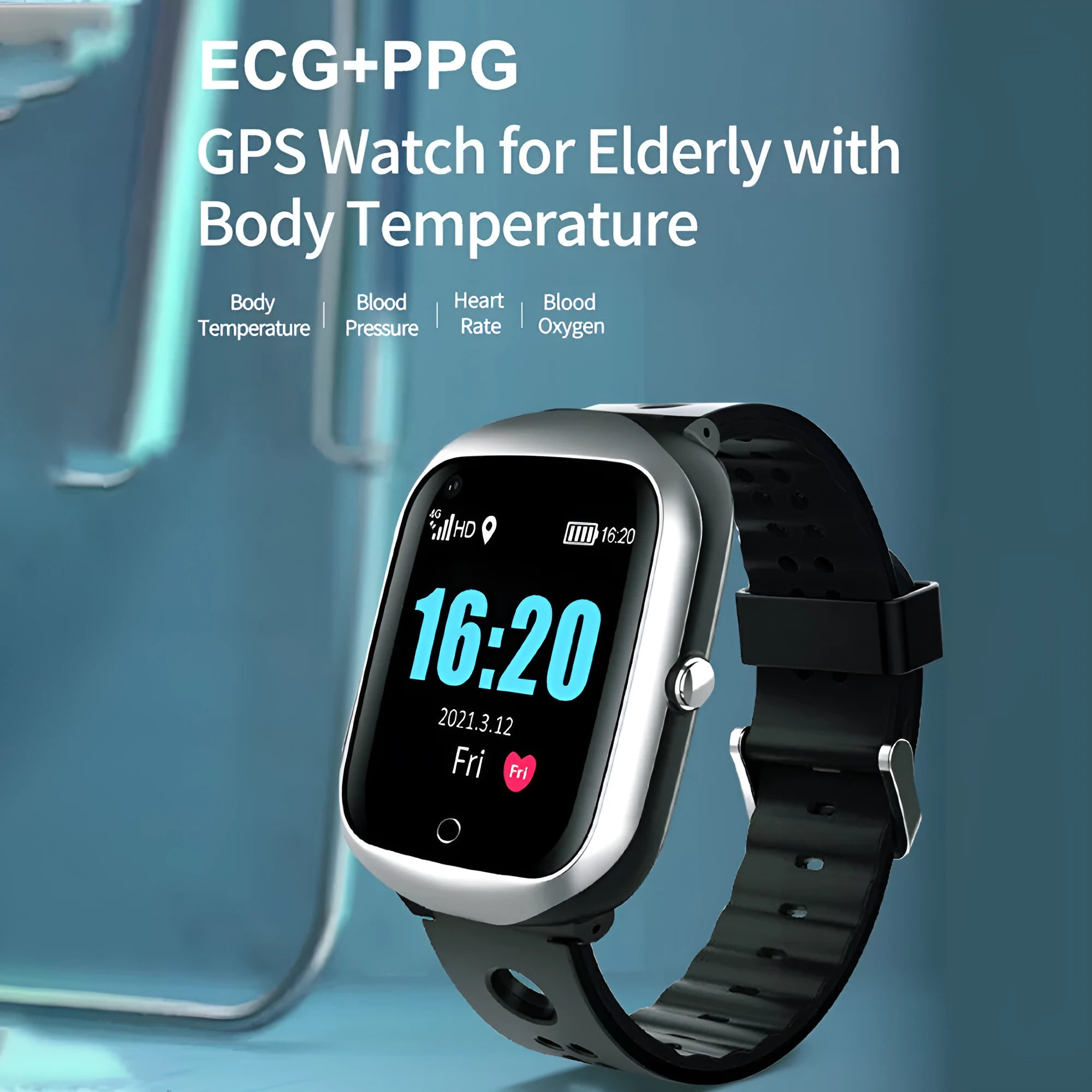 Square screen elderly positioning watch with GPS tracking and SOS calling features in black, blue, or silver colours