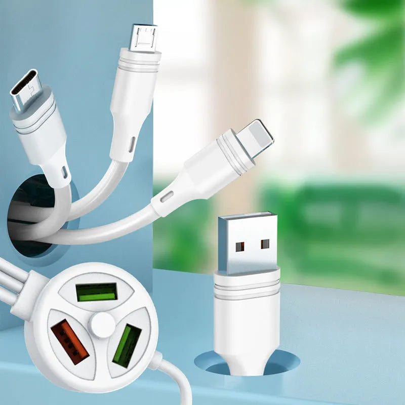 PD fast charge mobile phone cable with three USB connectors in 1.2 metre PVC construction
