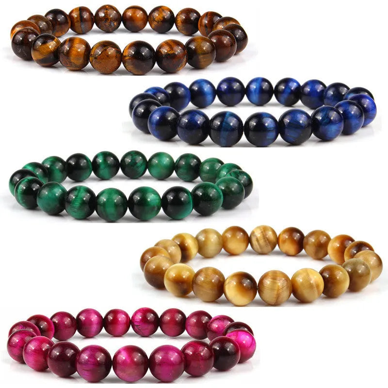 Natural tigereye crystal bracelet with geometric round beads showing colour and size options.
