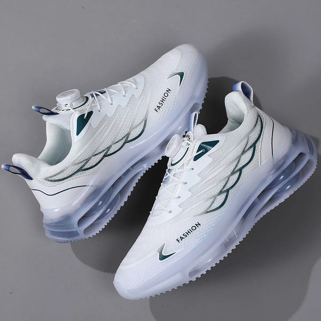 White mesh casual trainers with rotating button lacing system and rubber sole