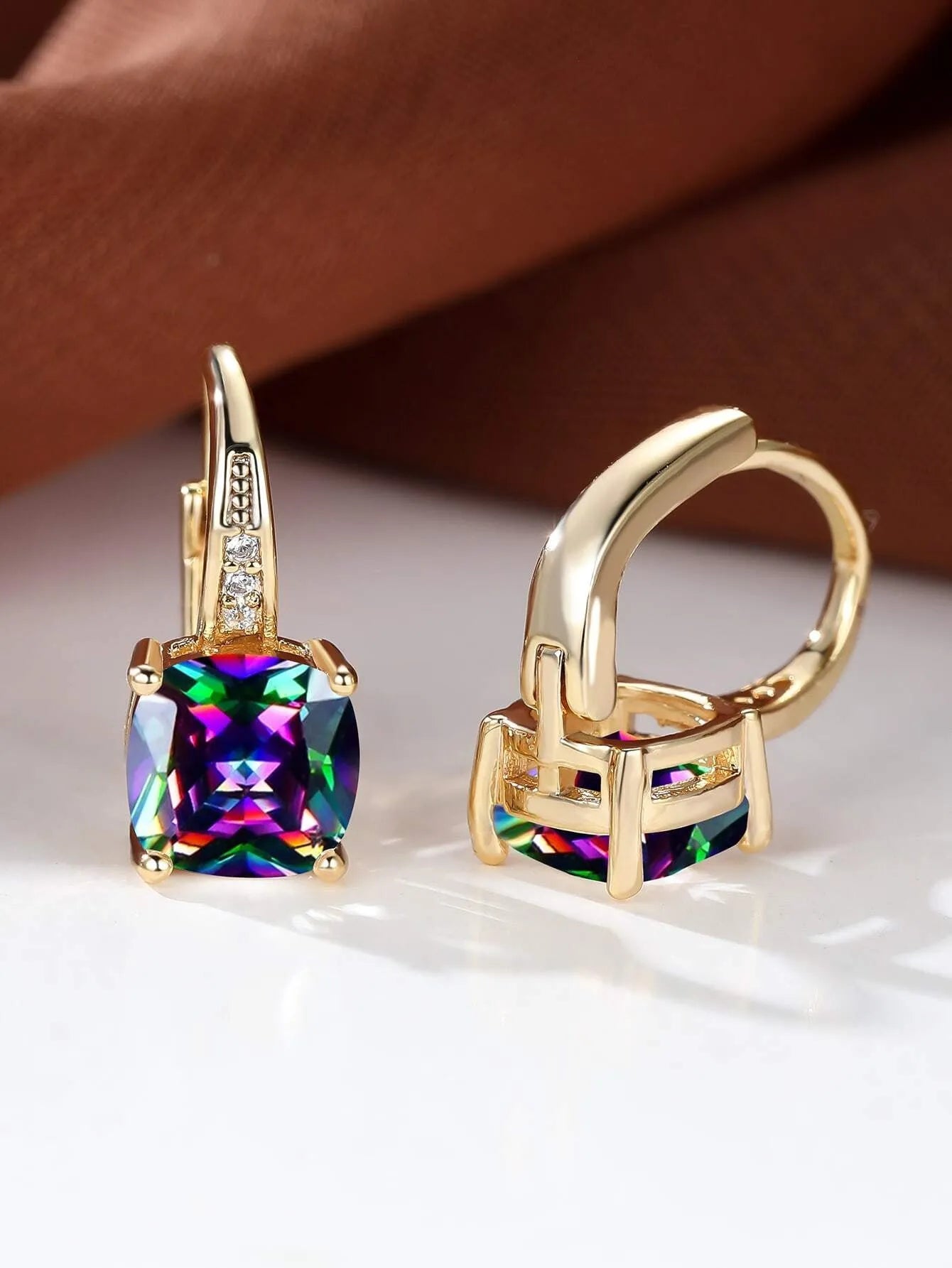Square geometric ear clip earrings with colourful moissanite inlay on gold electroplated finish