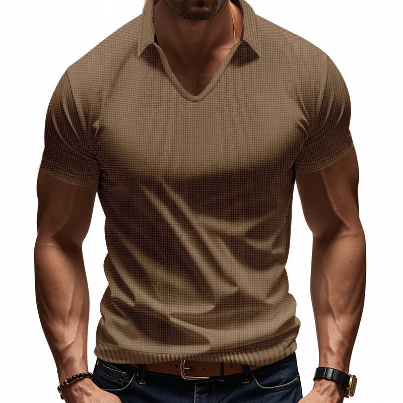 Men's loose fit V-neck short sleeve T-shirt in a light blue cotton blend fabric