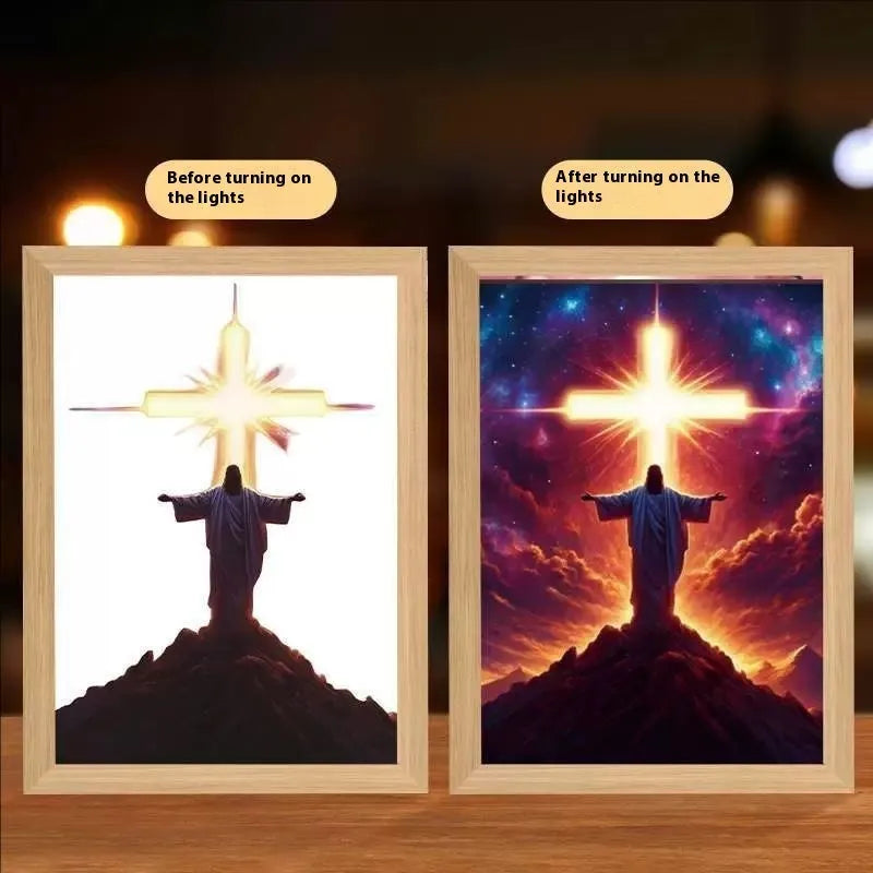 Modern rectangular LED photo frame displaying changeable sea scene artwork with built-in illumination