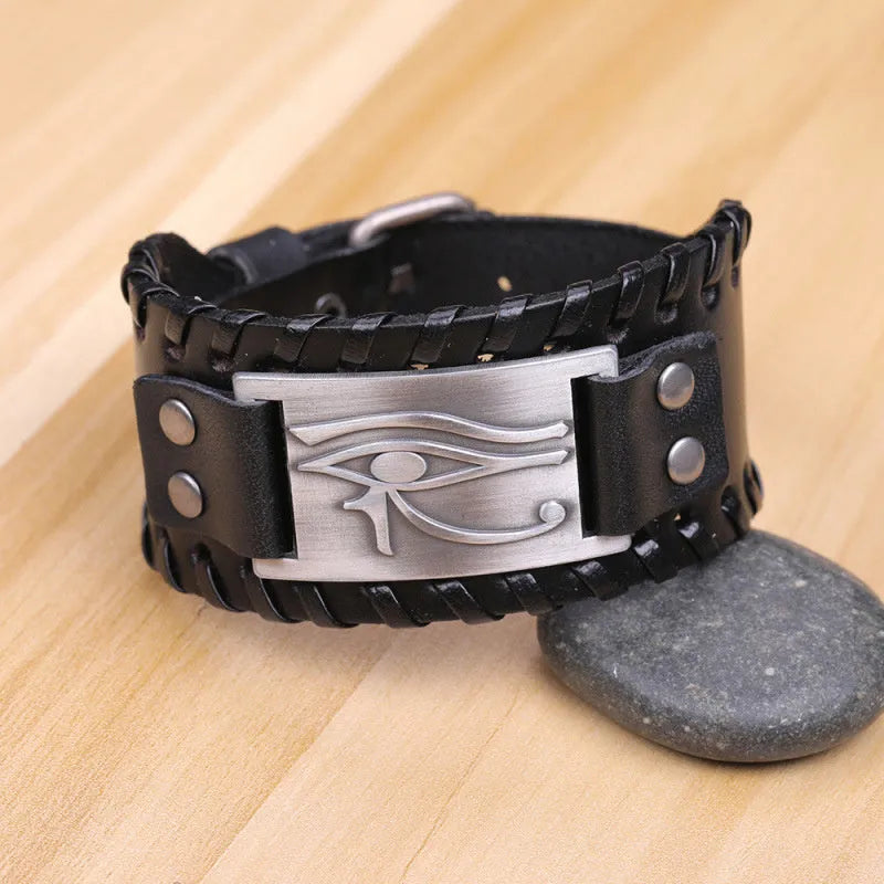 Round leather bracelet with Long Eye alloy accent for men in ancient bronze finish