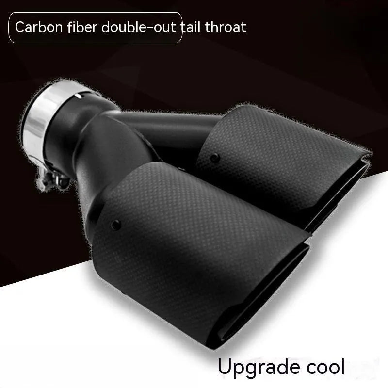 Black carbon fibre car exhaust silencer pipe with dual outlets, one nozzle open and one closed, showing 250mm length.