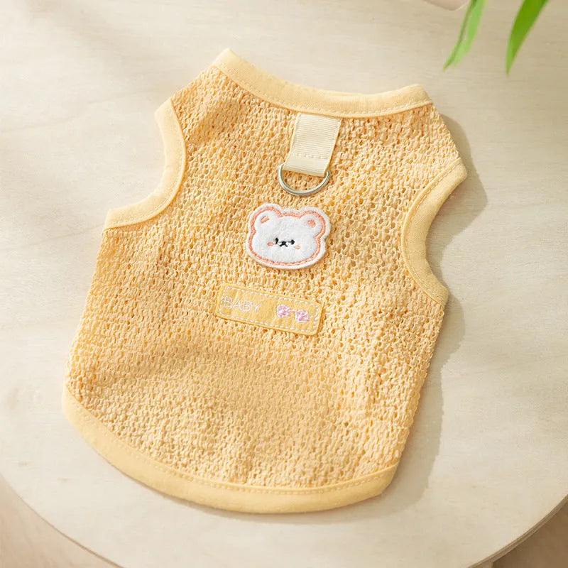 Breathable knitted cat clothing with a hollowed-out cartoon bear patch in blue
