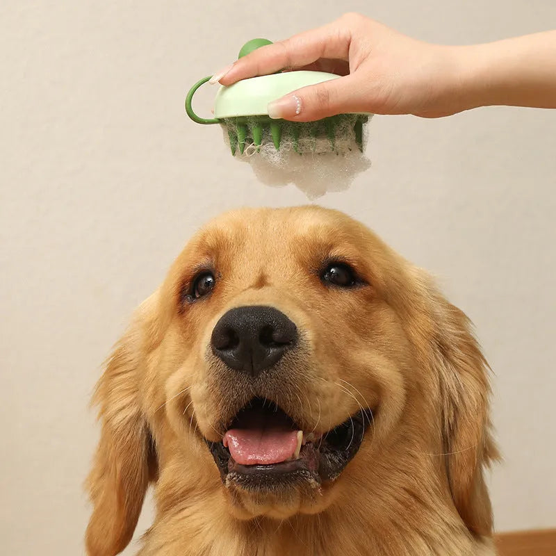 Pet grooming tool with silicone comb and shampoo massage brush in blue