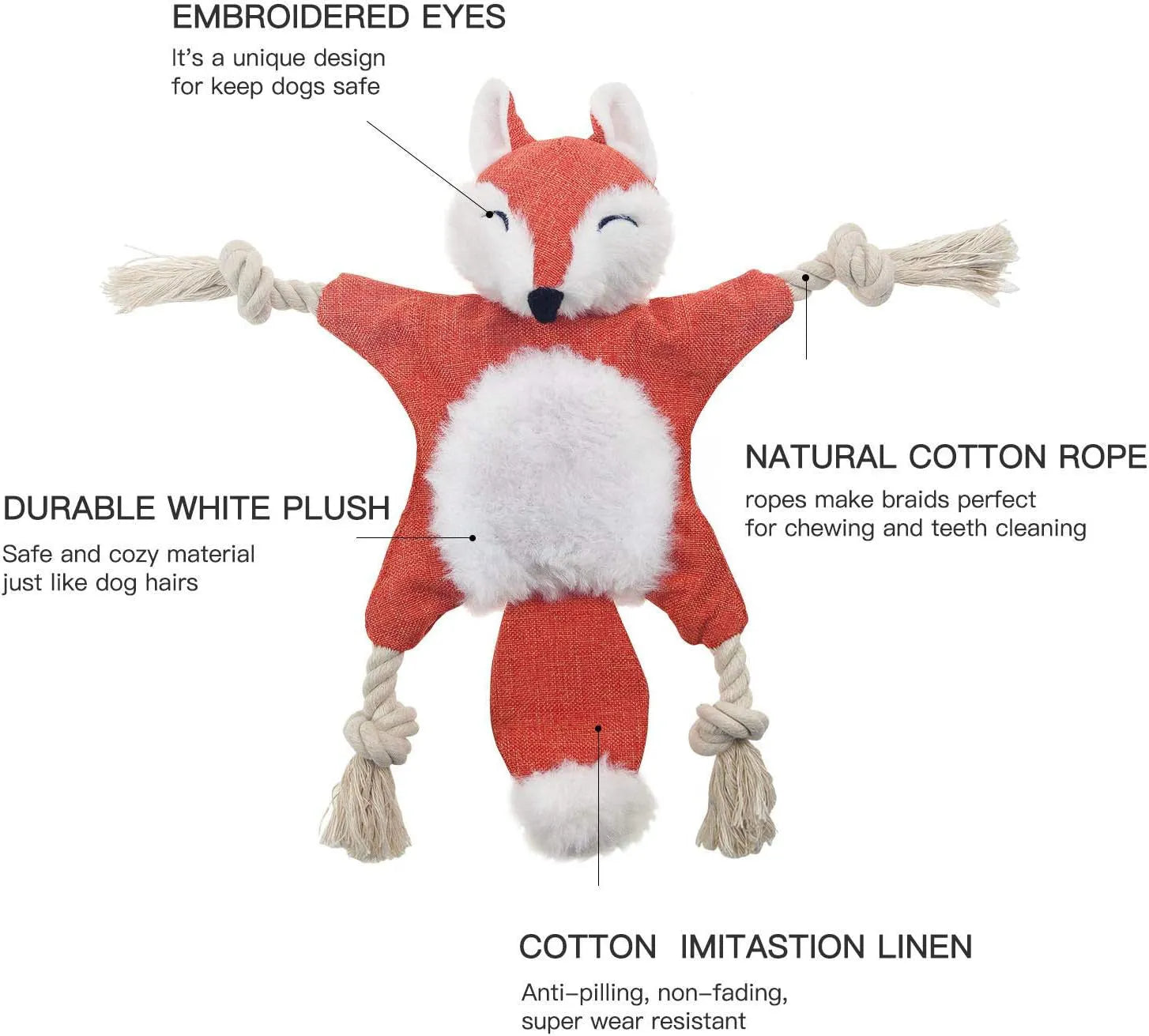 Brown fox plush dog toy with rope arms and legs, embroidered eyes, and a squeaker.