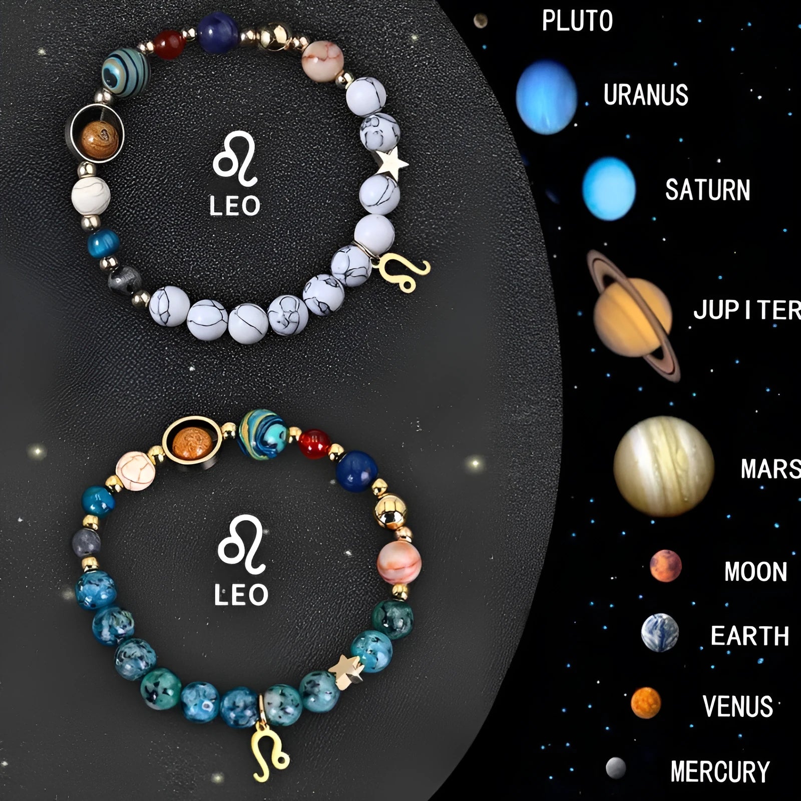 Set of two natural stone beaded bracelets featuring zodiac sign designs on a dark background