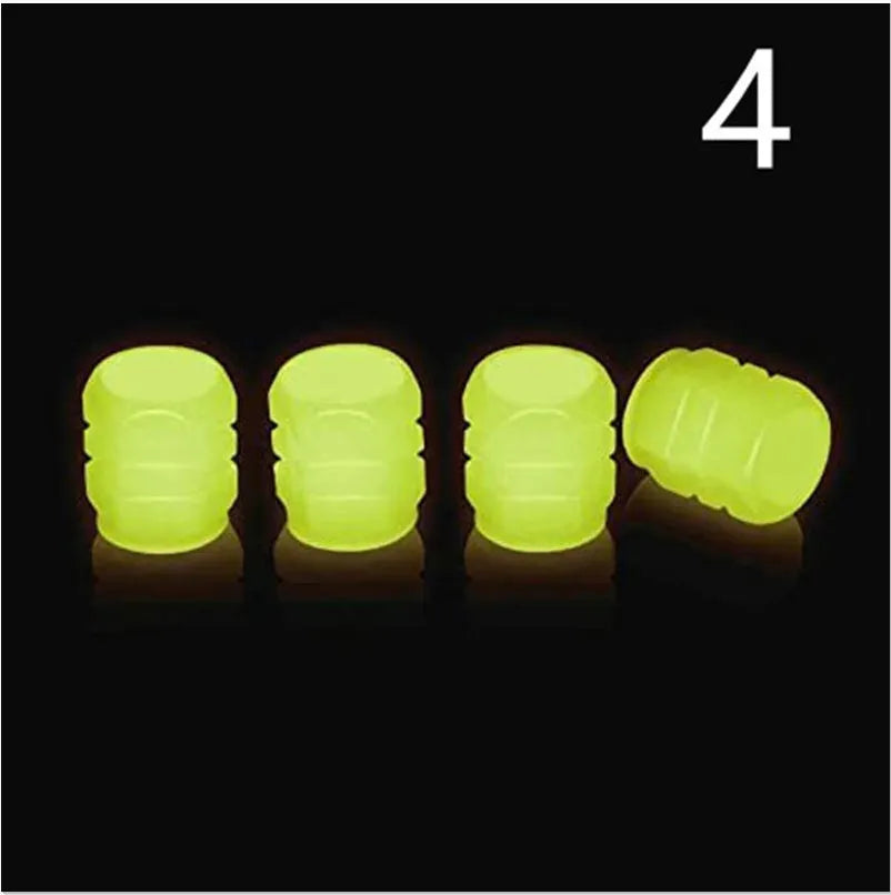 Rubber luminous tyre valve caps in multiple colours showing pack size options for bicycle and motorbike wheels