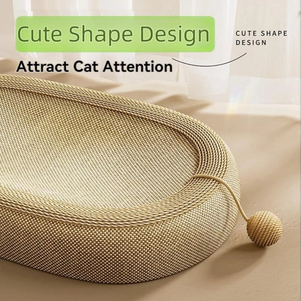 Large natural sisal cat scratching board with a built-in raised lounging bed for cats.