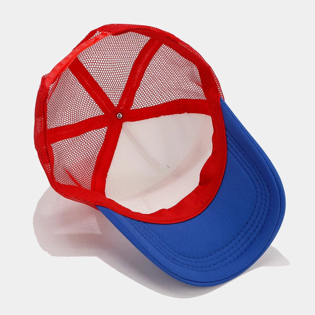 Red and blue contrasting mesh baseball cap with adjustable strap on a dome crown.
