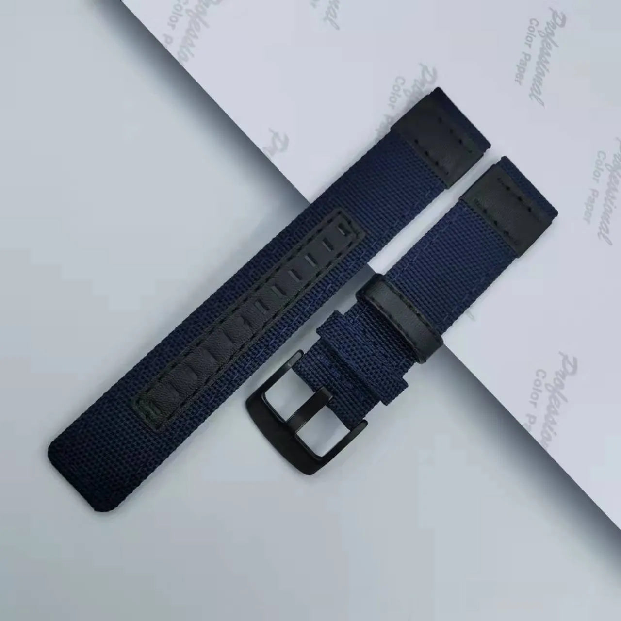 Oxford cloth canvas watch strap in camouflage colour, shown alongside black and blue options.