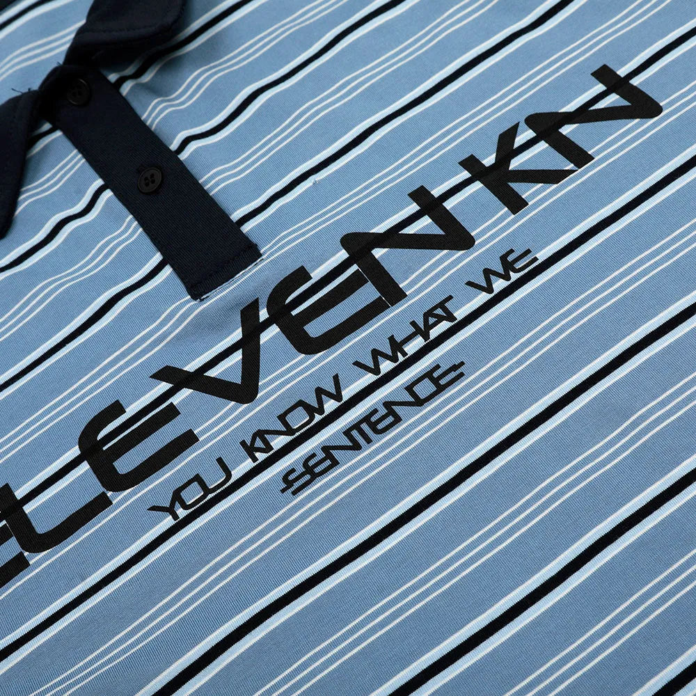 Blue stripe vintage short-sleeved polo shirt with loose fit on mannequin
