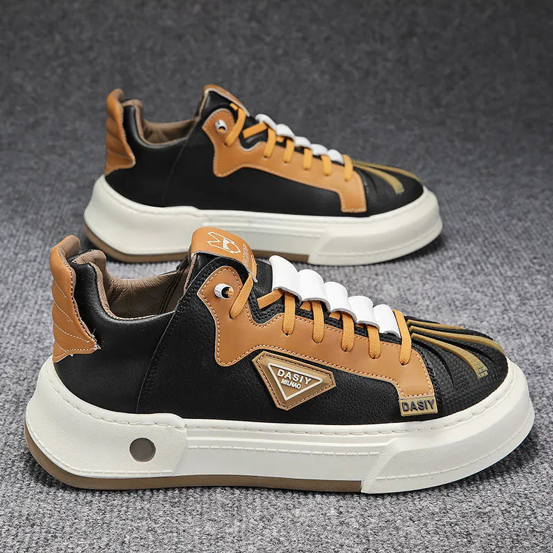 Men's beige low-top casual sneakers with elastic band fastening and leather stitching detail on microfiber upper.