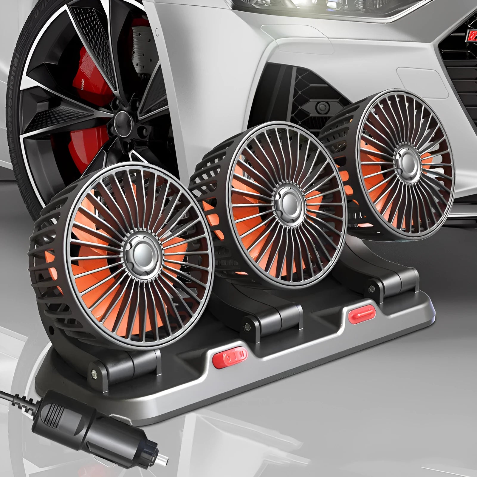 Automotive triple head cooling fan with adjustable heads and 1.3 metre power cable