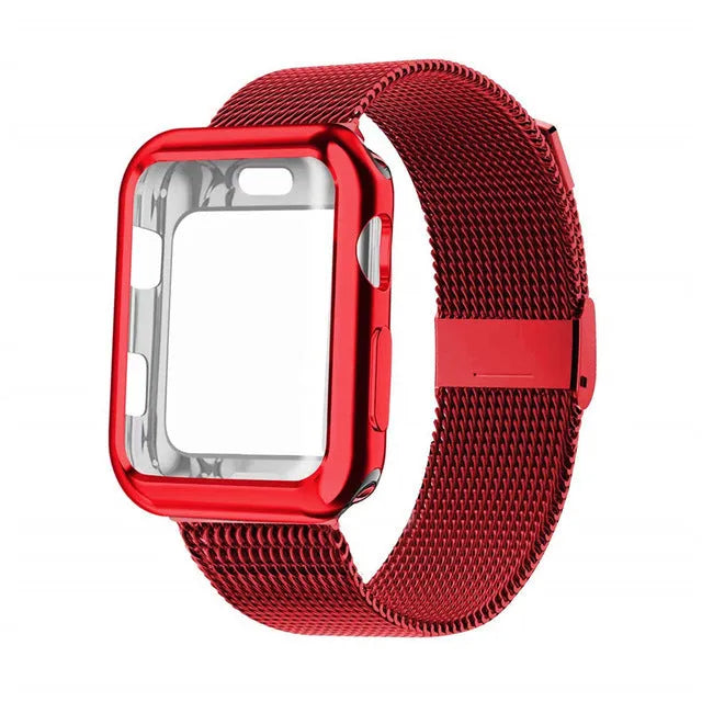 Magnetic Milanese metal band for Apple Watch in silver on a 42mm watch, showing adjustable clasp.