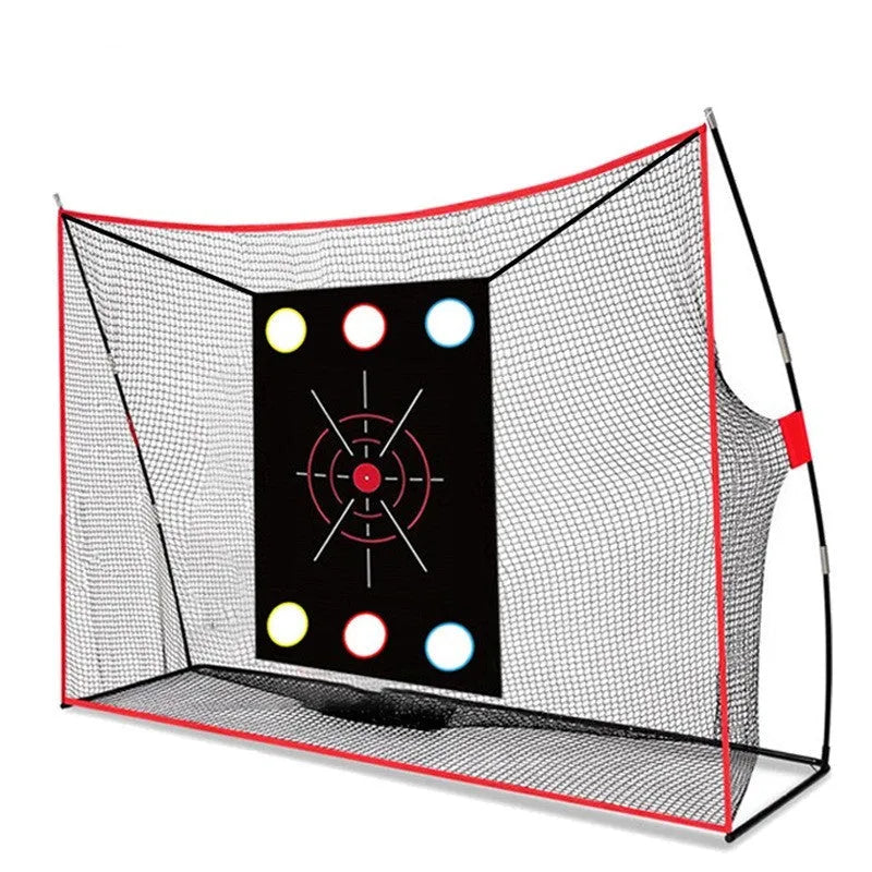 Golf wedge training net with 3-hole cross design, straw practice mat, tees, and practice balls