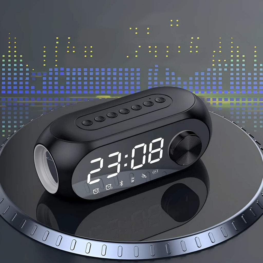 Extra Bass Portable Mini Clock Household Speaker in S8 Black colour with USB charging cable.