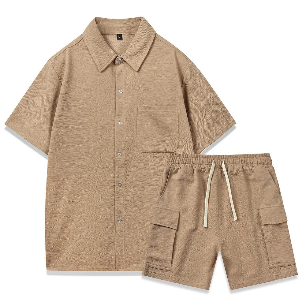 Women's beige elastic waist shorts and short sleeve top two-piece set laid flat.