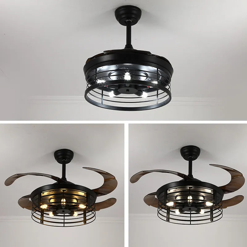 Industrial ceiling fan lamp with invisible blades and integrated light, American retro style