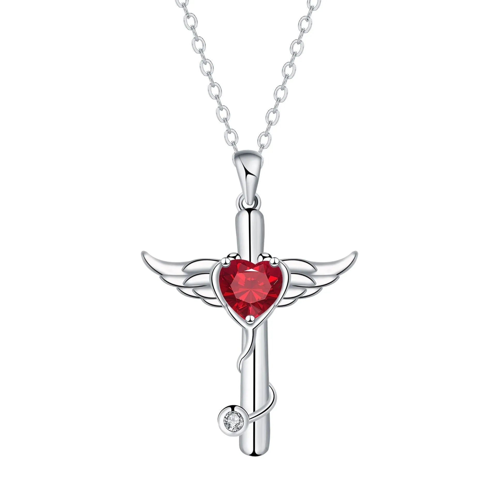 Cross stethoscope necklace with personality wings design in electroplated copper, available in white or red diamond colours