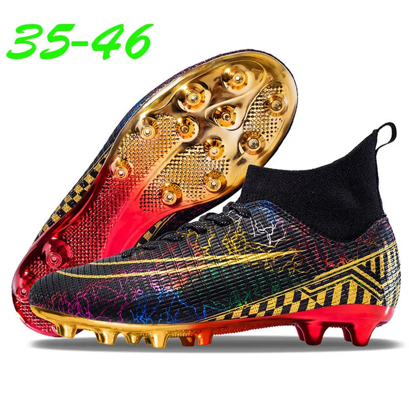 High-top male football training shoes with gold plated sole in black, white and mandarin duck colours