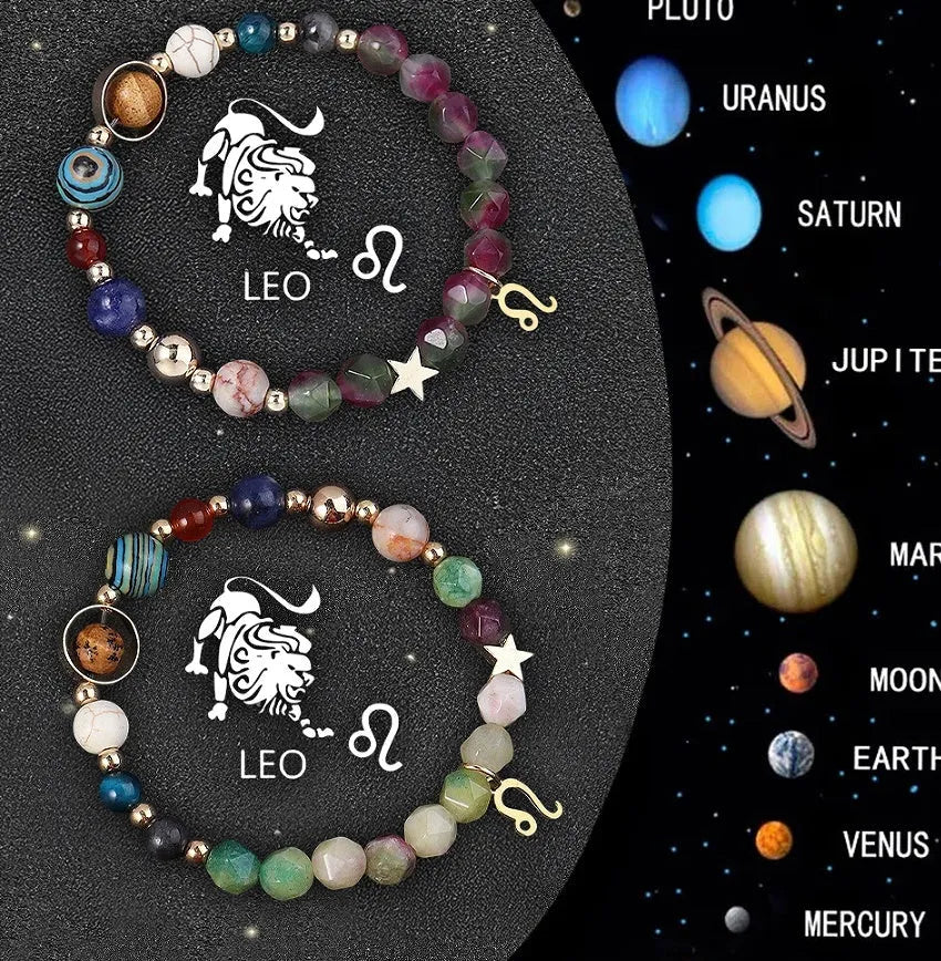 Set of twelve natural stone beaded bracelets, each representing a different zodiac sign.
