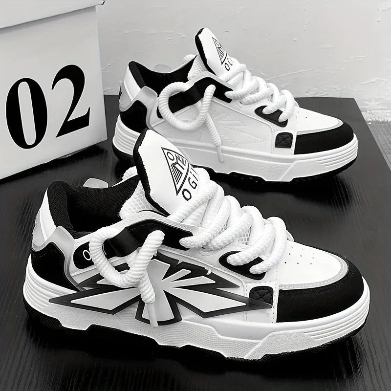 Men's white chunky sneakers with thick rubber sole and totem pattern detail on synthetic leather upper