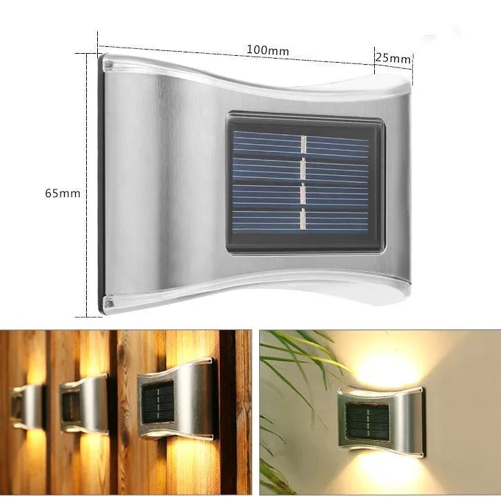 Solar garden wall light with LED illumination for outdoor decorative lighting