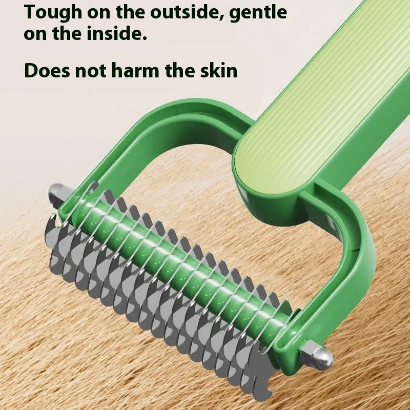 Green and grey dog hair unknotting comb with stainless steel teeth on a plastic handle.