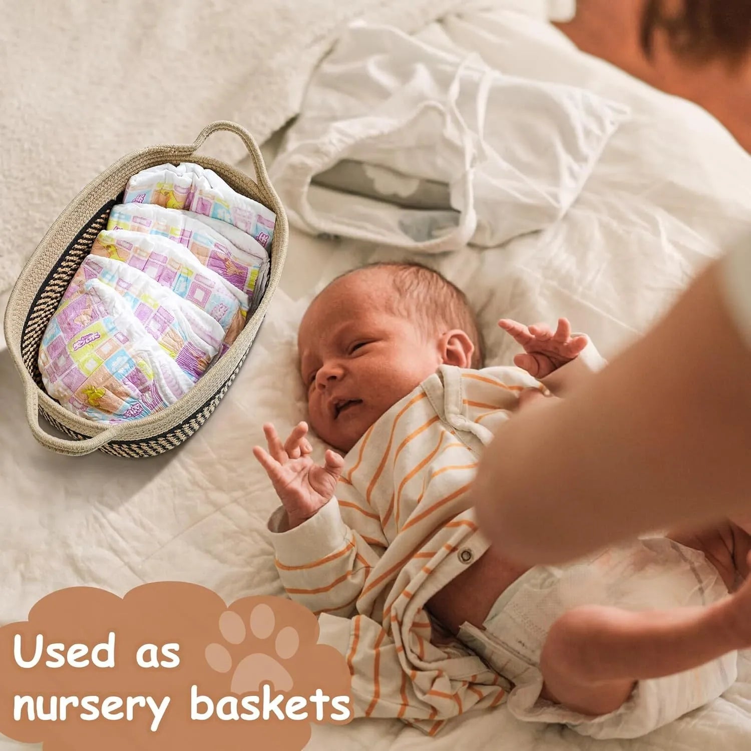 Small light beige handwoven cotton rope storage basket with wooden elements and handle