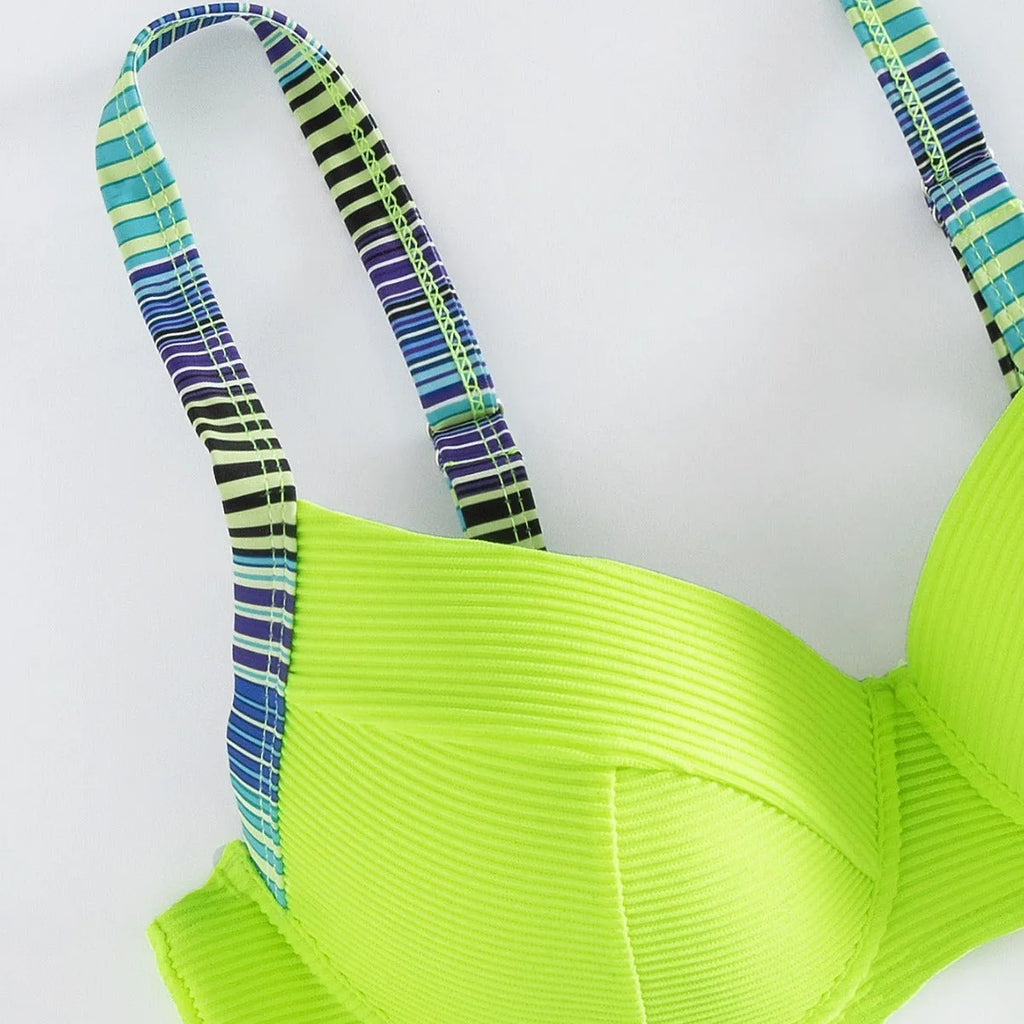 Green printed halter bikini set with matching split briefs for women
