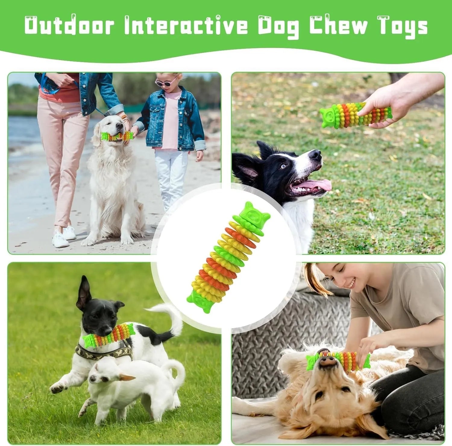 Blue green pink caterpillar shaped natural rubber dog chew toy on white background
