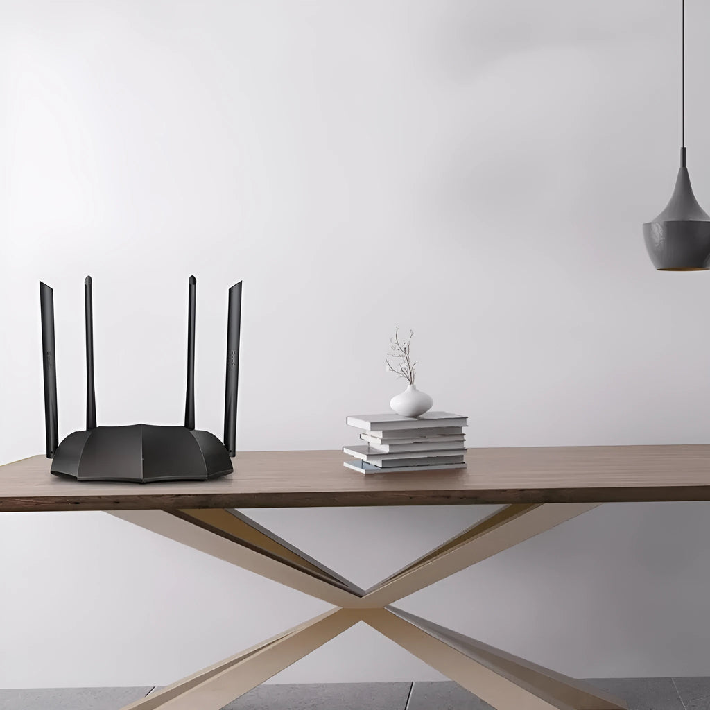 Dual-band wireless router with multiple antennas and gigabit Ethernet ports on the rear panel.
